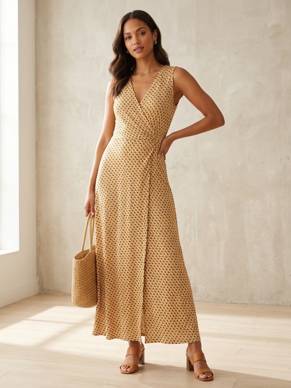 V-Neck Long Sleeve Wrap Maxi Dress in Mustard Floral